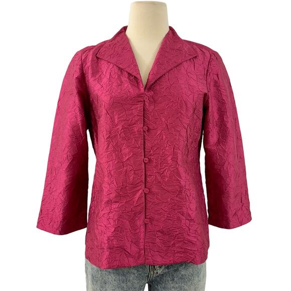 Eileen Fisher Crinkle Silk Blazer Jacket Hot Pink Button-Down 3/4 Sleeve | Small - Picture 1 of 11